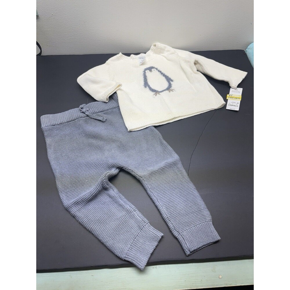 Carters Size 9 Months 2 Piece Set - Penguin Sweater With Gray Knit Pants - NWT